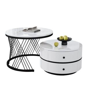 OKWISH KONFERENČNÍ stolky 60/60/46 cm bílé z MDF s mramorovým dekorem a 2 zásuvkami obraz