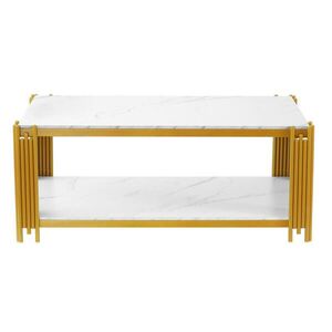 OKWISH KONFERENČNÍ stolek 114/64/46 cm z MDF a kovu zlatý a bílý s mramorovým dekorem a dvěma policemi obraz