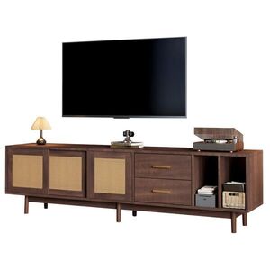 Modfu TV stolek z MDF 190x40x52 cm hnědý s ratanovými dvířky, 2 zásuvkami a 3 posuvnými dvířky obraz