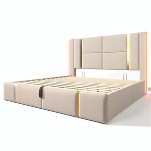 Modfu ČALOUNĚNÁ postel ze lnu 140x200 cm béžová s LED osvětlením, USB, USB-C a hydraulickým úložným prostorem obraz