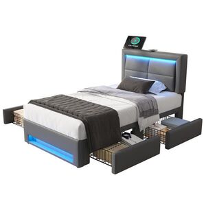FLIEKS ČALOUNĚNÁ POSTEL 90x190 Šedá PU LED USB 4 Zásuvky obraz