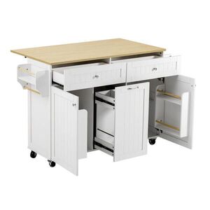Modfu KUCHYŇSKÝ ostrůvek z MDF 140x40-70x92 cm bílá/přírodní s kolečky, výsuvnou sklápěcí deskou a zásuvkami obraz