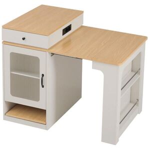 Modfu KUCHYŇSKÝ ostrůvek z MDF a skla 151x80x92 cm bílý/přírodní, rozkládací se zásuvkami a úložným prostorem obraz