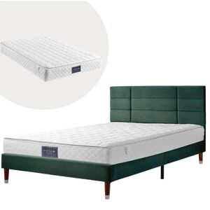 Modfu ČALOUNĚNÁ postel ze sametu 140x200 cm tmavě zelená s roštem a taštičkovou matrací, s úložným prostorem pod lůžkem obraz