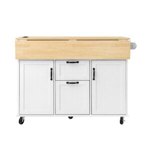 Modfu KUCHYŇSKÝ ostrůvek z MDF 120x80x92 cm bílý/přírodní na kolečkách s rozkládací deskou, zásuvkami a USB porty obraz