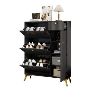 Modfu BOTNÍK z dřevotřísky a MDF 90x25x121 cm černý se 3 výklopy, zásuvkou a dvířky, s vlnitým čelem obraz