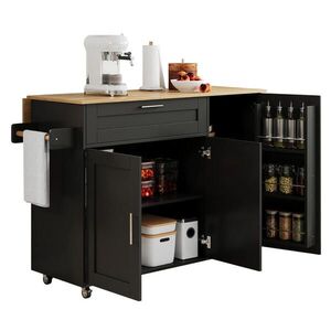 Modfu KUCHYŇSKÝ vozík z MDF 132, 5x44(70)x90 cm černá/přírodní se sklopnou deskou, úložným prostorem a 5 kolečky obraz