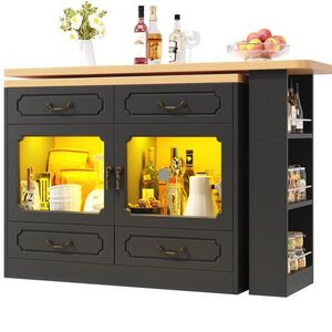 Modfu BAROVÝ stůl z MDF 135-203x39x92, 8 cm černá/přírodní s LED osvětlením, 360° otočnou deskou a úložným prostorem obraz