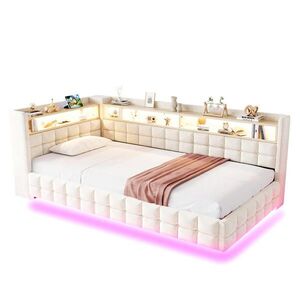 Modfu ČALOUNĚNÁ postel ze sametu 90x200 cm béžová s LED osvětlením, USB-C, zásuvkou a hydraulickým úložným prostorem obraz