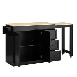 Modfu KUCHYŇSKÝ ostrůvek z MDF 112–186, 8x45x93 cm černý na kolečkách s výsuvnou deskou, 3 zásuvkami a policí na koření obraz