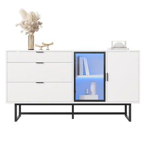 OKWISH BOČNÍ skříň 160/36/78 cm bílá z MDF a dřevotřísky s LED osvětlením a vitrínou obraz