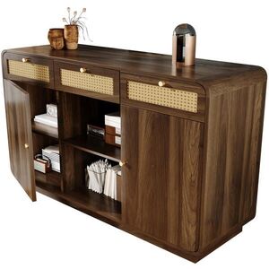 OKWISH KOMODA 120/40/85 cm ořechová z MDF a dřevotřísky s ratanovými čely a zlatými úchytkami obraz