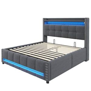 Modfu ČALOUNĚNÁ postel z lněné tkaniny 160x200 cm šedá s LED osvětlením, USB portem a hydraulickým úložným prostorem obraz