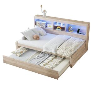 Modfu DĚTSKÁ postel z dřevotřísky a MDF 90x200 cm přírodní s LED osvětlením, USB, zásuvkou, úložným prostorem a výsuvným lůžkem obraz