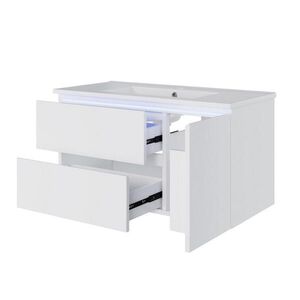 Modfu ZÁVĚSNÁ skříňka pod umyvadlo z MDF a keramiky 91, 5x46, 5x50, 5 cm bílá s LED senzorem, 2 zásuvkami a dvířky obraz