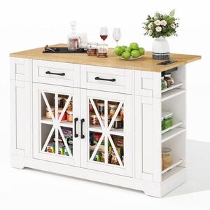 Modfu KUCHYŇSKÝ ostrůvek z MDF 120x40(65)x92 cm bílá/přírodní se sklopným stolem, zásuvkami, skleněnými dvířky a kolečky obraz