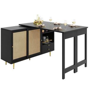 Modfu BAROVÝ stůl z MDF 187x40x76 cm černý otočný o 360° s výsuvnou deskou, úložným prostorem a ratanovými dvířky obraz