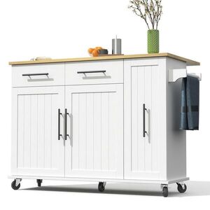 Modfu KUCHYŇSKÝ ostrůvek z MDF 120x40(65)x90 cm bílá/přírodní s výklopnou deskou, kolečky a výsuvným organizérem obraz