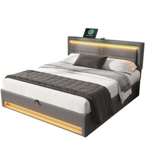 Modfu ČALOUNĚNÁ postel z PU 160x200 cm šedá s LED osvětlením, USB nabíjením a úložným prostorem obraz