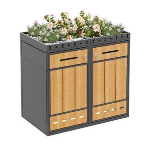 Modfu BOX na odpadkové koše z oceli 132x80x124 cm šedá v dekoru dřeva se 2 oddíly, uzamykáním a truhlíkem na rostliny obraz