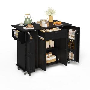 Modfu KUCHYŇSKÝ ostrůvek z MDF 120x45(70)x95 cm černý se sklápěcí deskou, 5 kolečky a úložným prostorem obraz