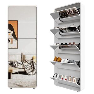 Modfu BOTNÍK se zrcadlem z MDF a masivního dřeva 63x19x176 cm bílý s výklopným úložným prostorem a obloukovým designem obraz