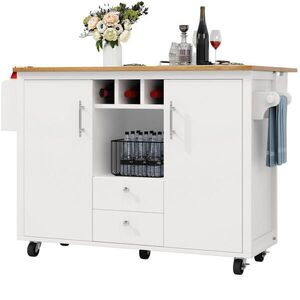 Modfu KUCHYŇSKÝ ostrůvek z MDF a kovu 137, 9x73x92, 2 cm bílý se sklápěcí deskou, policí na víno a kolečky obraz