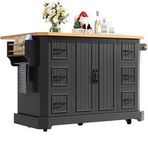 Modfu KUCHYŇSKÝ ostrůvek z MDF 120x45(75)x91 cm černý s kolečky, 6 zásuvkami a 2dveřovou skříňkou obraz