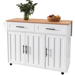 Modfu KUCHYŇSKÝ ostrůvek z MDF 129x46(71)x91, 5 cm bílá/přírodní na kolečkách se sklápěcí deskou a 2 zásuvkami obraz