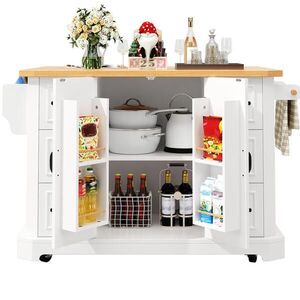 Modfu KUCHYŇSKÝ ostrůvek z MDF a kovu 120x45(75)x91 cm bílý na kolečkách se 2 dvířky a 6 zásuvkami obraz
