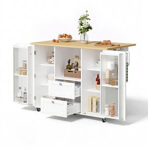 STILVORA KUCHYŇSKÝ VOZÍK bílý s výklopnou pracovní deskou a policí na koření, 120×45(70)×92 cm obraz