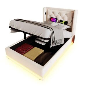 WISHDOR ČALOUNĚNÁ POSTEL 90/200 cm v béžové látce s úložným prostorem, LED osvětlením, USB a Type-C obraz