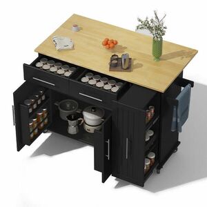 OKWISH KUCHYŇSKÝ ostrůvek 120/40(65)/90 cm černá/přírodní z MDF se sklápěcí deskou a kolečky obraz