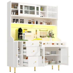 OKWISH BOČNÍ skříň 145/39/171 cm bílá z MDF, skla a kovu s LED osvětlením a výsuvným vinným regálem obraz