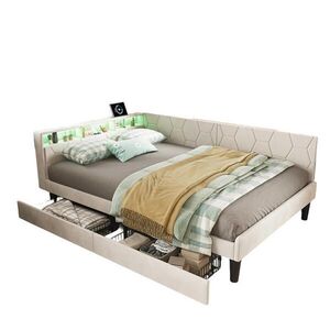 SHOPENTRA ČALOUNĚNÁ postel 140x200cm béžový samet, zásuvky, bed box, LED, USB-C obraz