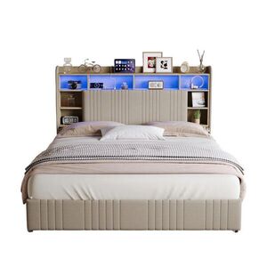 SHOPENTRA ČALOUNĚNÁ postel 160/200 cm béžová lněná s RGB LED USB 4 zásuvkami obraz