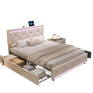 SHOPENTRA ČALOUNĚNÁ postel 140x190 cm krémová sametová LED USB 4 zásuvky úložný prostor obraz