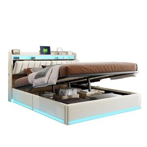 SHOPENTRA ČALOUNĚNÁ postel 140x200 cm béžová sametová LED úložná krabice s USB obraz