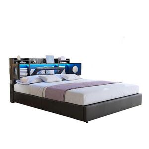 SHOPENTRA ČALOUNĚNÁ postel 140x200 cm černá LED USB Type-C plynový výtah box obraz