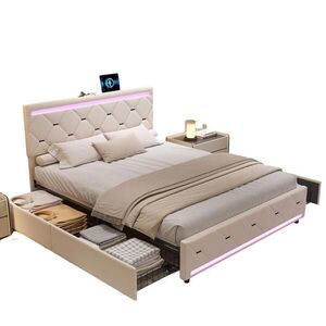 SHOPENTRA ČALOUNĚNÁ postel 140x200 cm béžová sametová LED USB 4 zásuvky obraz