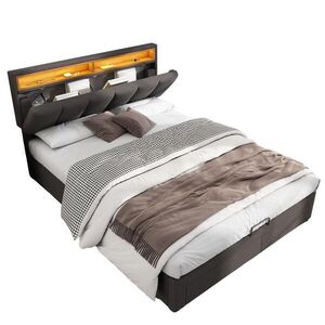 SHOPENTRA ČALOUNĚNÁ postel 140x190 cm šedá lněná LED USB postel s boxem obraz