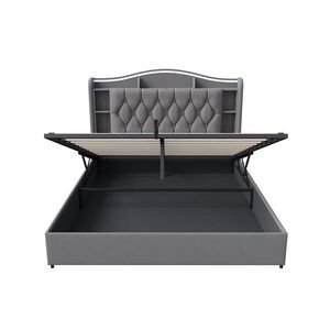 SHOPENTRA ČALOUNĚNÁ postel 140x200cm šedý samet, ložní box s plynovým ovládáním, LED, USB obraz