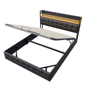 SHOPENTRA ČALOUNĚNÁ postel 140x200 cm Černá PU LED USB Bedbox obraz