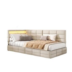 SHOPENTRA ČALOUNĚNÁ postel 140/200 cm béžová, lněná, L-tvar, LED, USB zásuvky obraz
