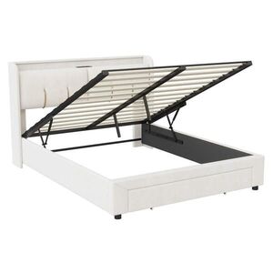 SHOPENTRA ČALOUNĚNÁ postel 140x200 cm béžová sametová LED USB Type-C obraz