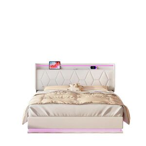 SHOPENTRA ČALOUNĚNÁ postel 140x200 cm bílý samet LED USB úložný prostor obraz