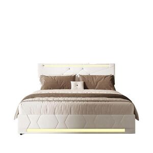 SHOPENTRA ČALOUNĚNÁ postel 160x200 cm béžová lněná LED USB bed box obraz