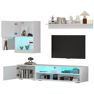 STILVORA OBÝVACÍ stěna Bílá s TV skříňkou, vitrínou, LED osvětlením a vysokým leskem, 175×39×34 cm obraz
