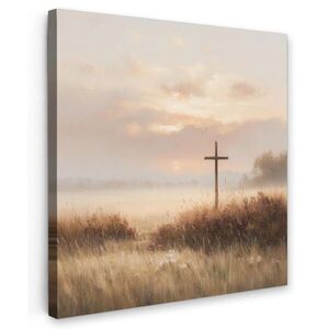 MuchoWow OBRAZ NA PLÁTNĚ Tráva - Ranní mlha - Kříž - Křesťanství 50x50 cm obraz