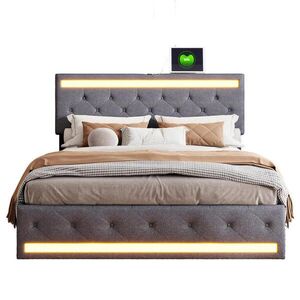 SHOPENTRA MANŽELSKÁ postel 160x200cm šedý lněný LED zásuvky s USB typu C obraz